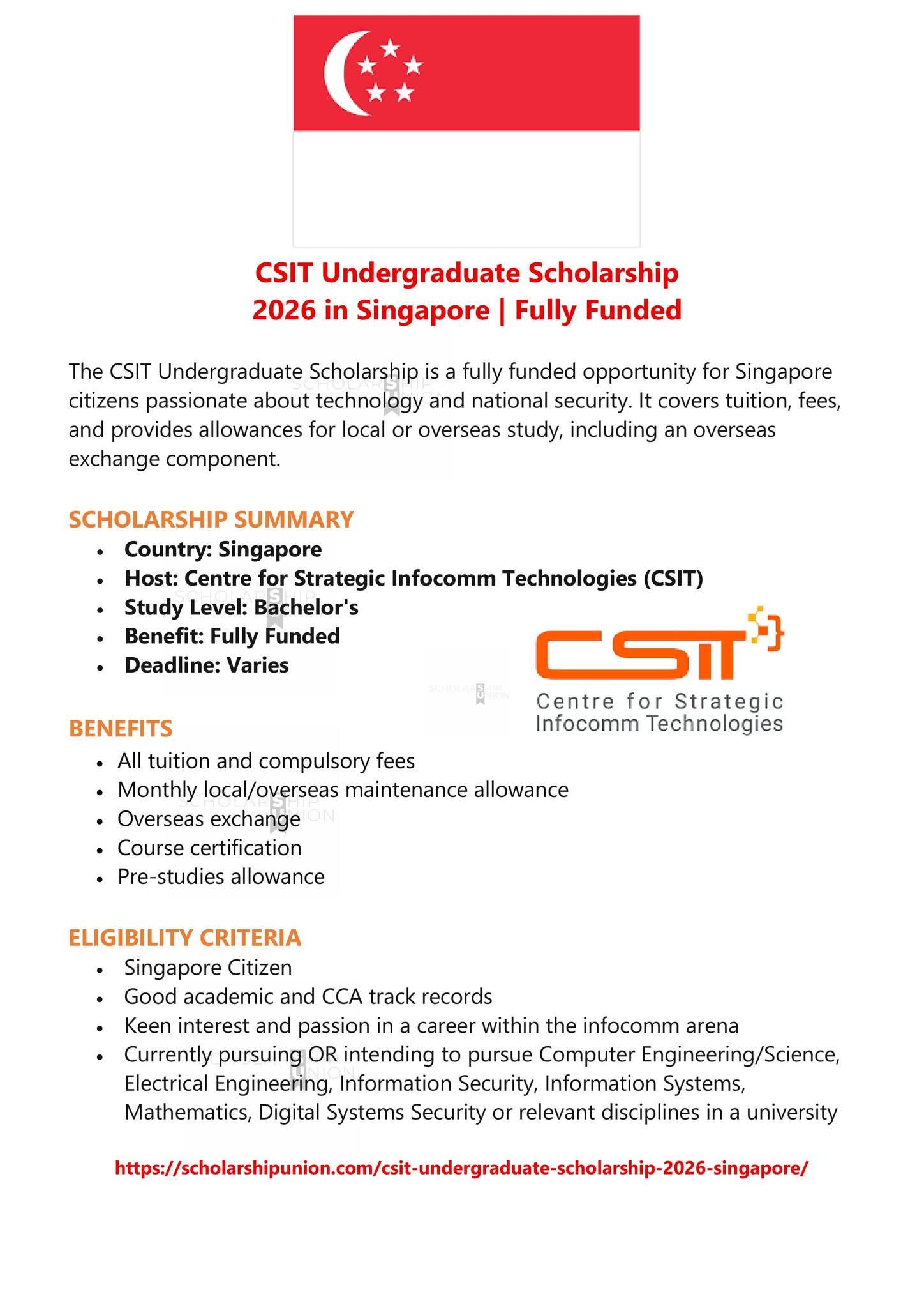 CSIT Undergraduate Scholarship 2026 in Singapore
