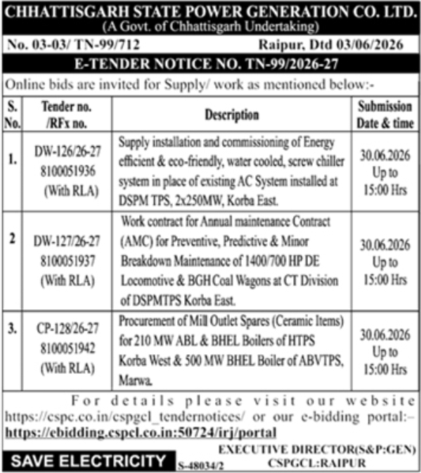 CSPGCL Raipur: Power Plant Equipment & Maintenance E-Tenders