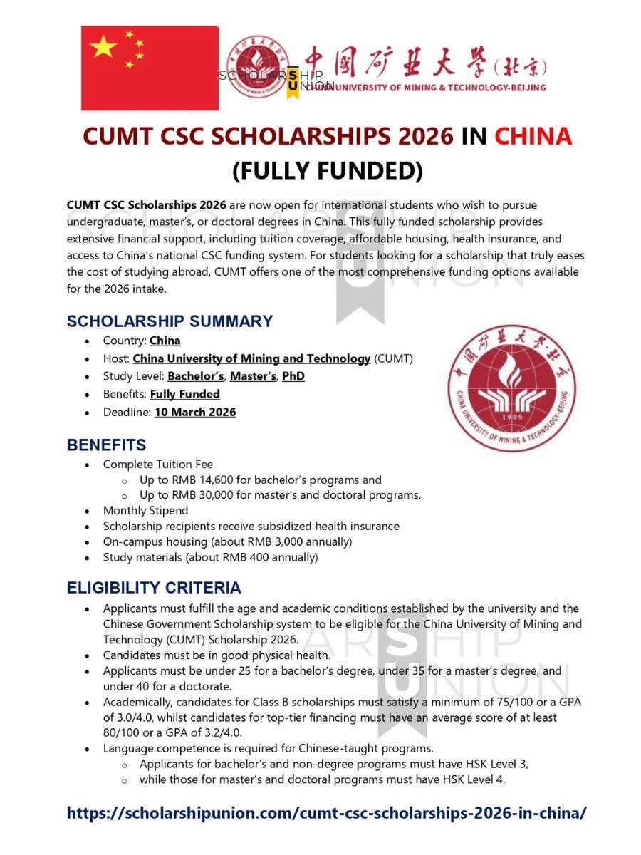CUMT CSC SCHOLARSHIPS 2026 IN CHINA | FULLY FUNDED