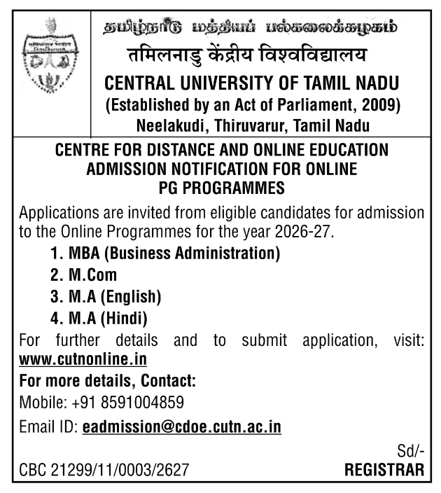 CUTN Admission Notification: Online PG Programmes 2026-27