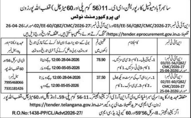 Cyberabad Municipal Corporation: Tenders for Water Supply & Road Works (May 2026)