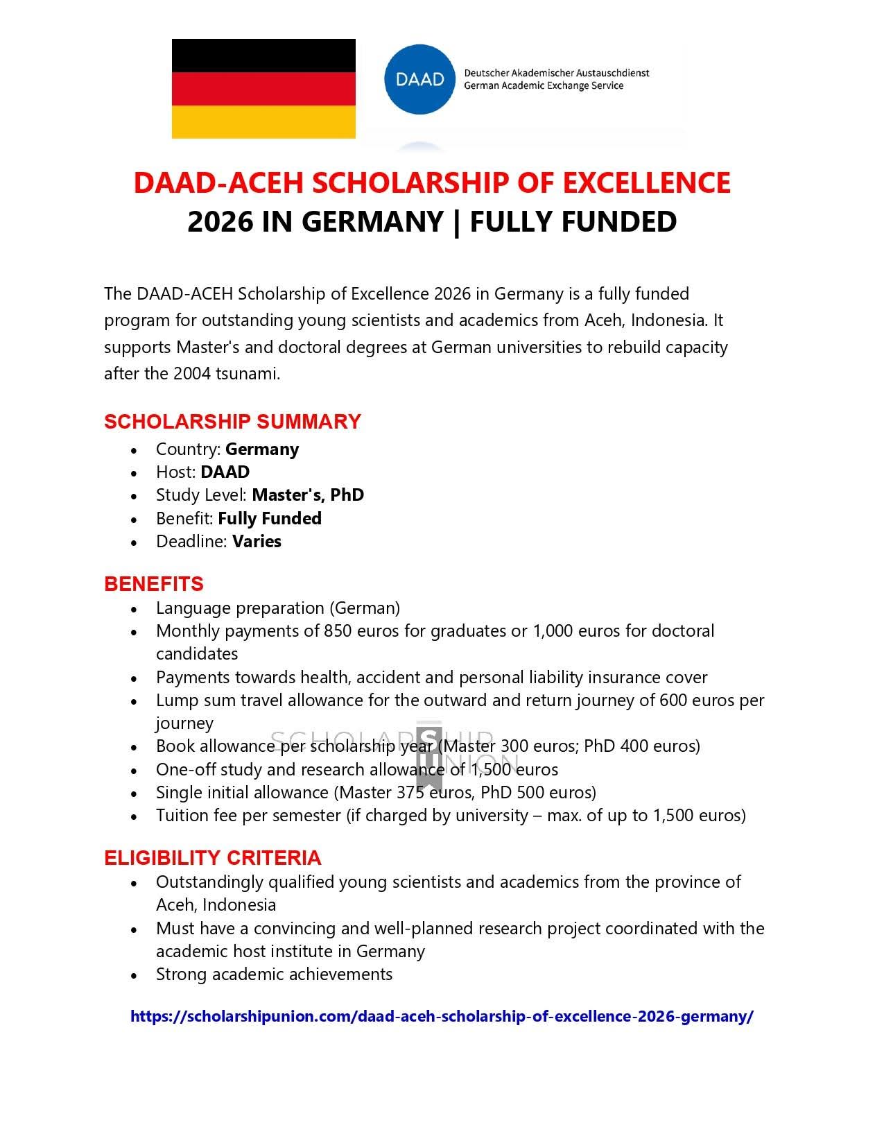DAAD-ACEH Scholarship of Excellence 2026 in Germany