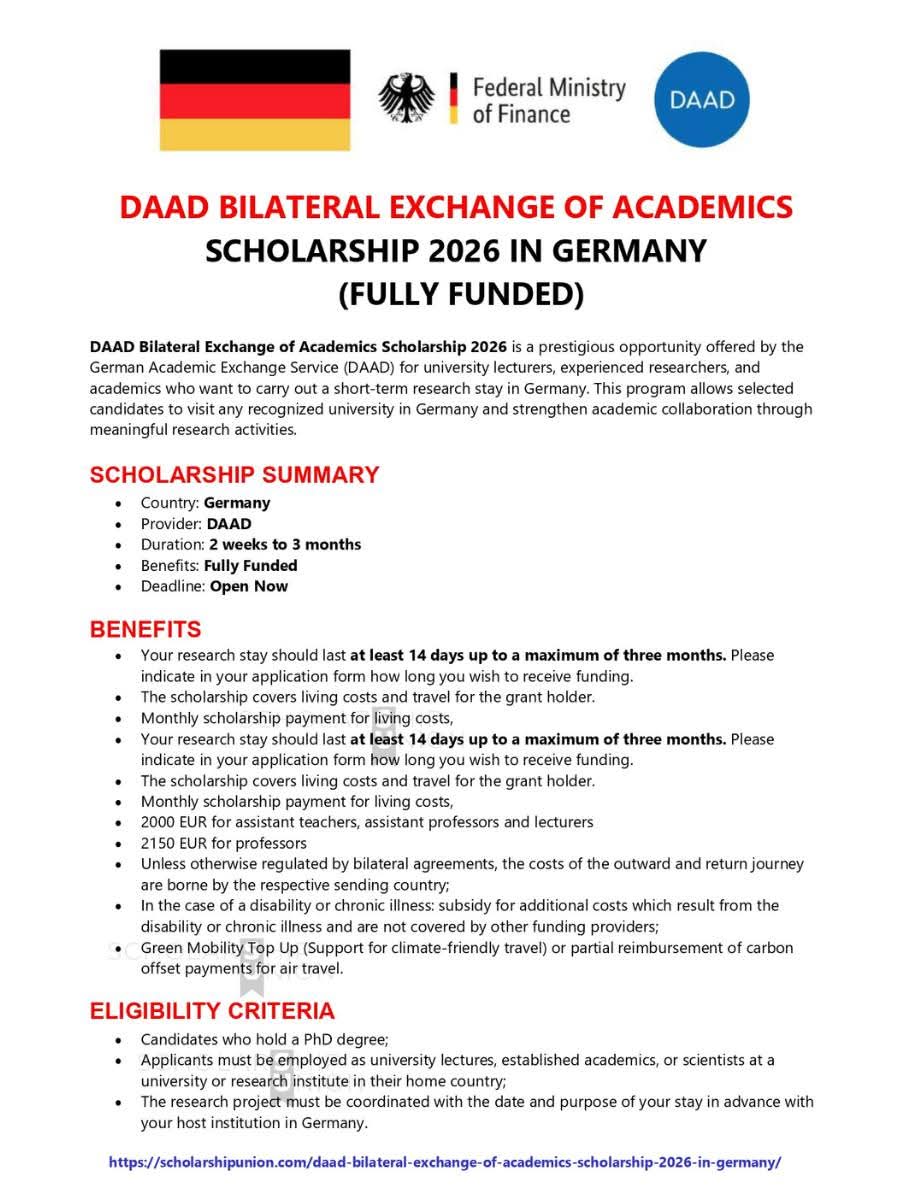 DAAD Bilateral Exchange of Academics Scholarship 2026 in Germany