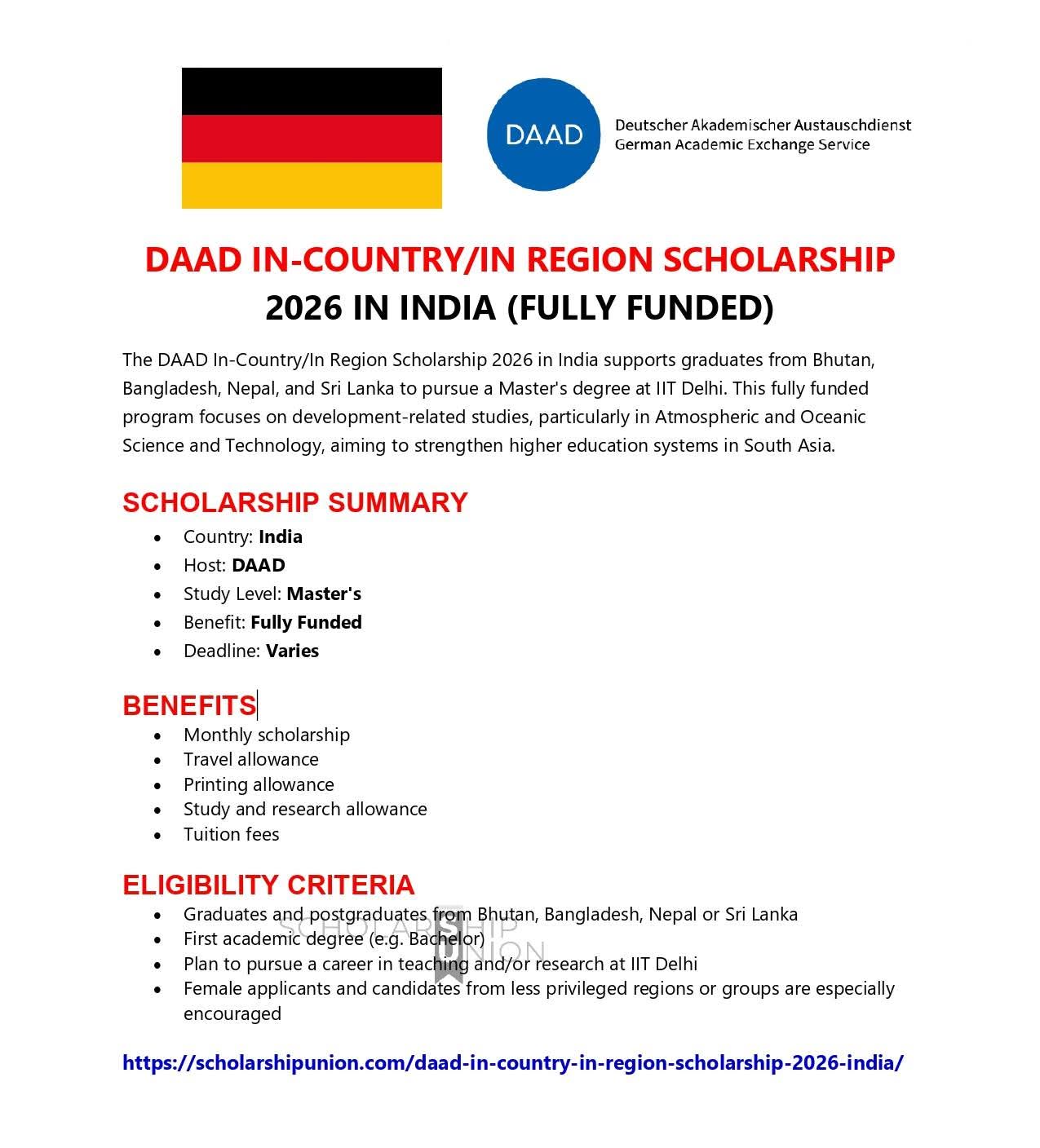 DAAD In-Country/ In Region Scholarship 2026 in India
