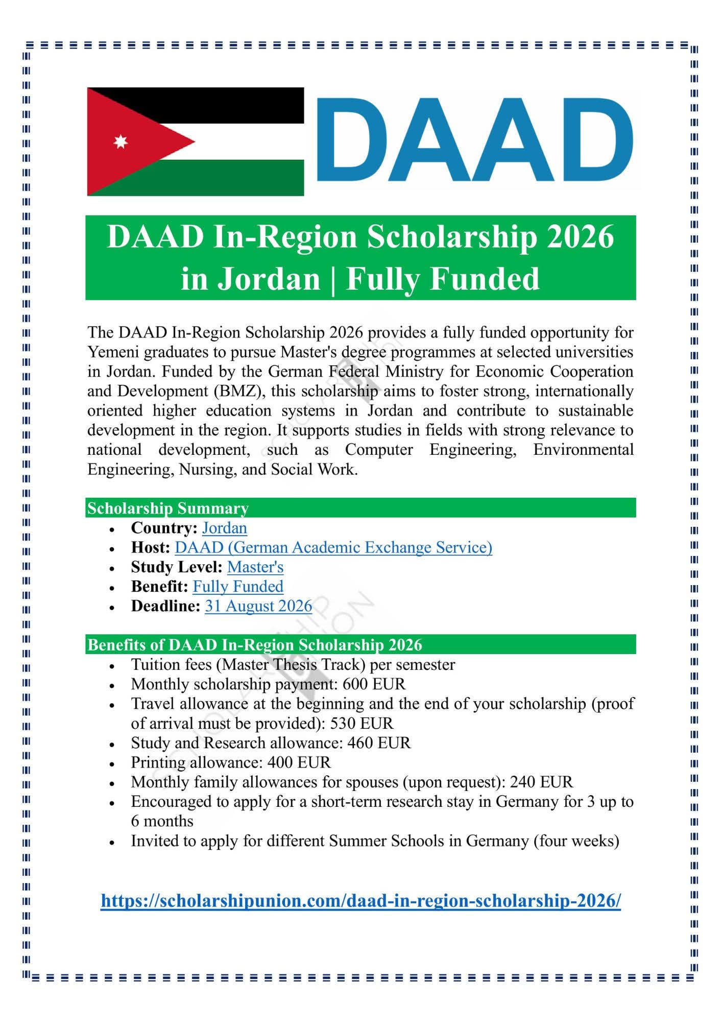 DAAD In-Region Scholarship 2026 in Jordan