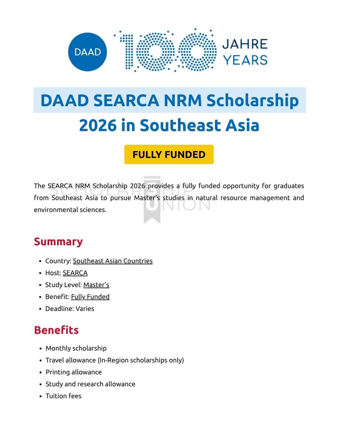 DAAD-SEARCA NRM Scholarship 2026 in Southeast Asia