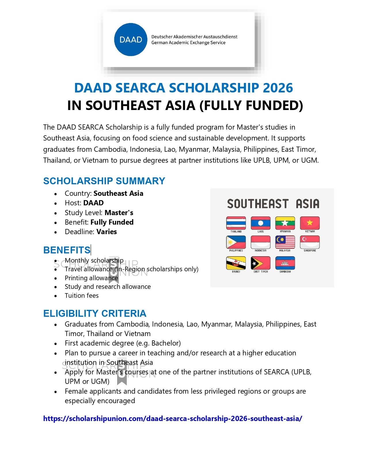 DAAD-SEARCA Scholarship 2026 in Southeast Asia
