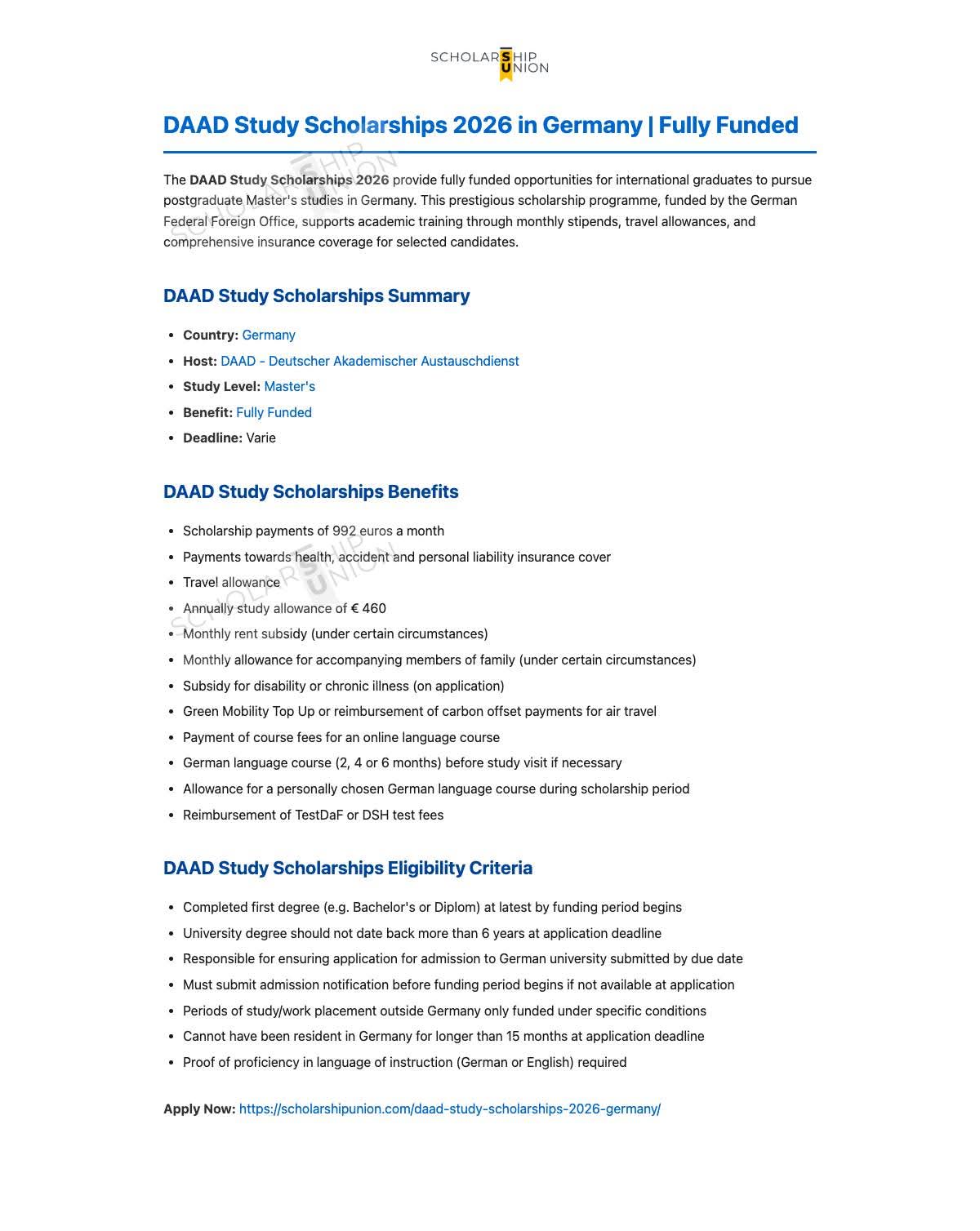 DAAD Study Scholarships 2026 in Germany