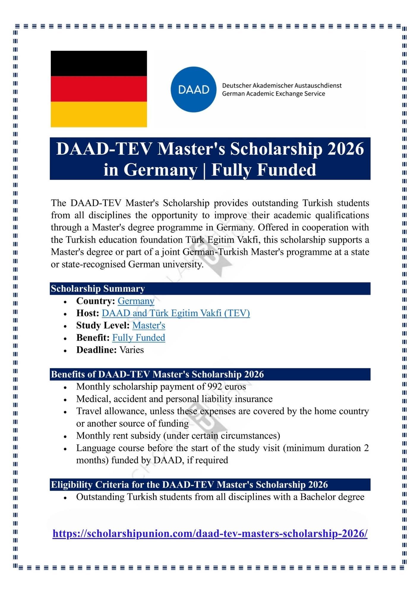 DAAD-TEV Master’s Scholarship 2026 in Germany