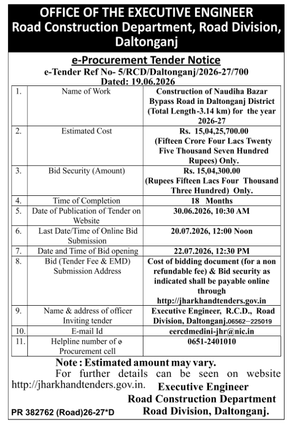Daltonganj Naudiha Bazar Bypass Road E-Tender