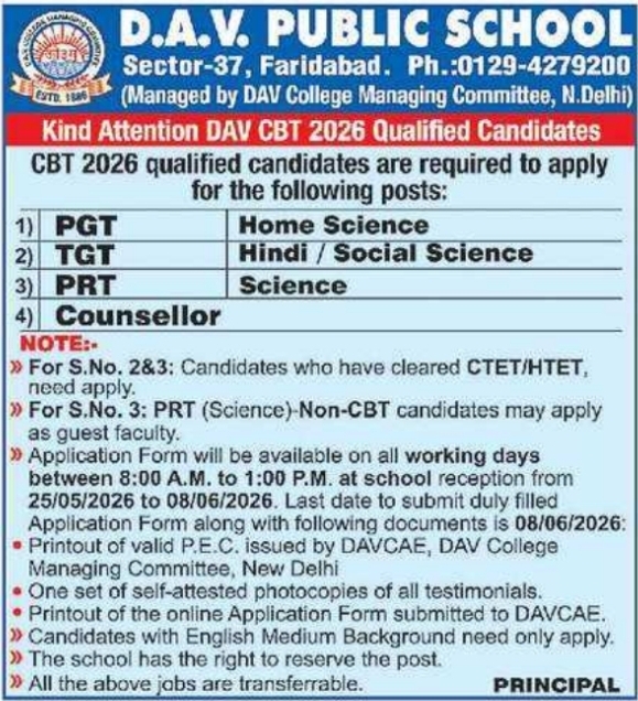 DAV Public School Faridabad: Teaching Recruitment 2026
