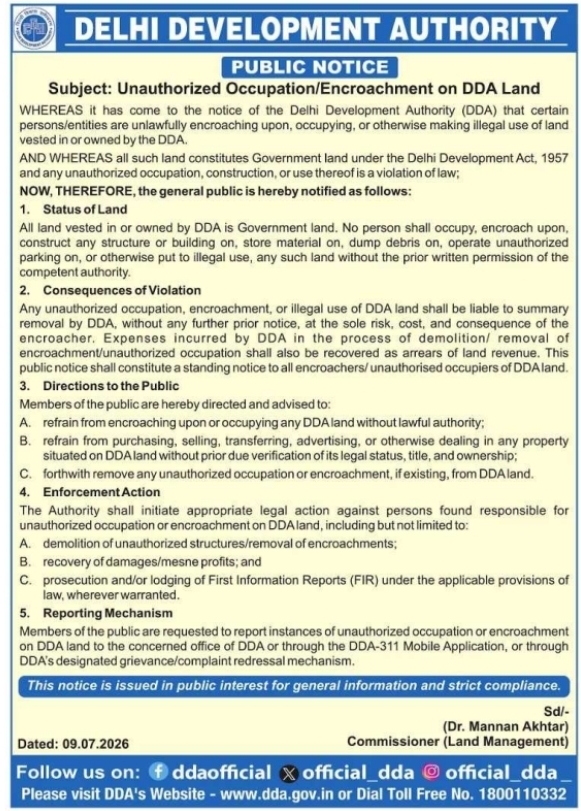 DDA Public Notice: Unauthorized Occupation and Encroachment on Government Land