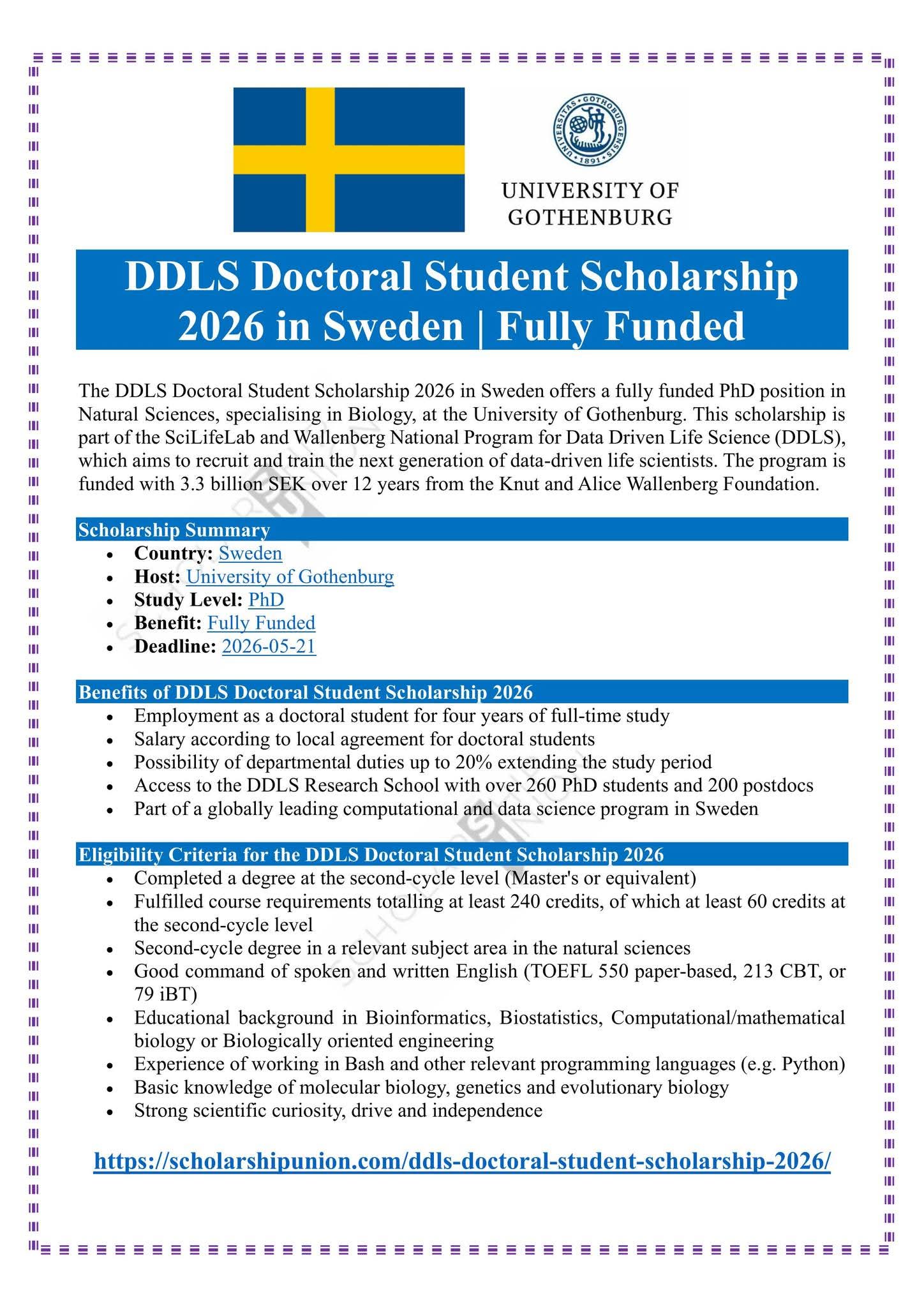 DDLS Doctoral Student Scholarship 2026 in Sweden
