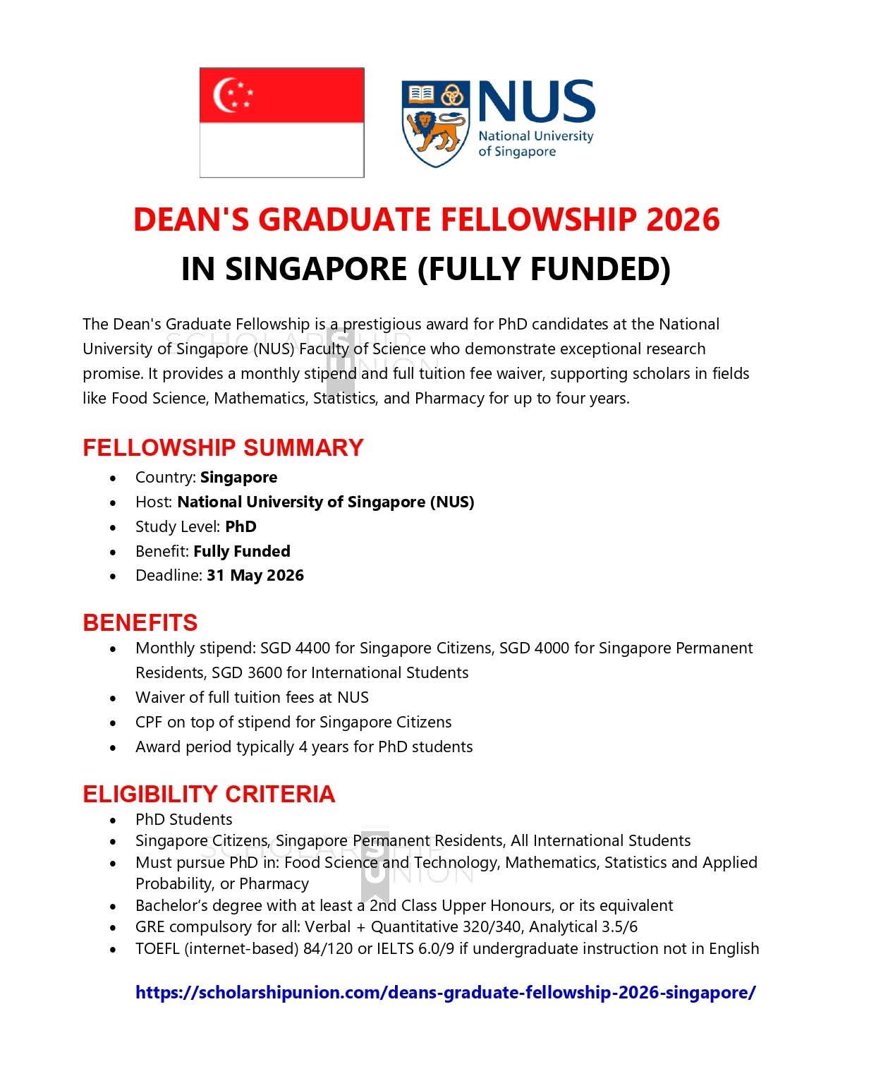 Dean’s Graduate Fellowship 2026 in Singapore