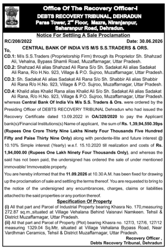 Debts Recovery Tribunal Dehradun Notice for Settling a Sale Proclamation