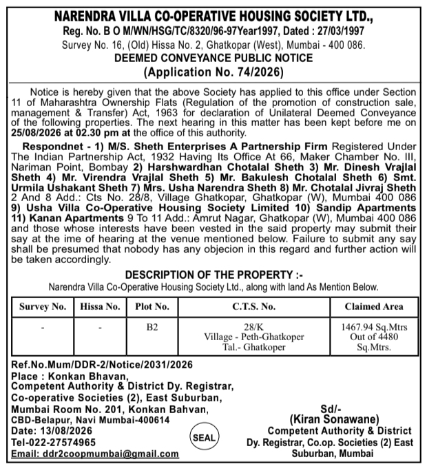 Deemed Conveyance Public Notice by Competent Authority Mumbai East Suburban