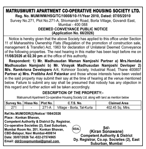 Deemed Conveyance Public Notice by Matrusmurti Apartment CHS