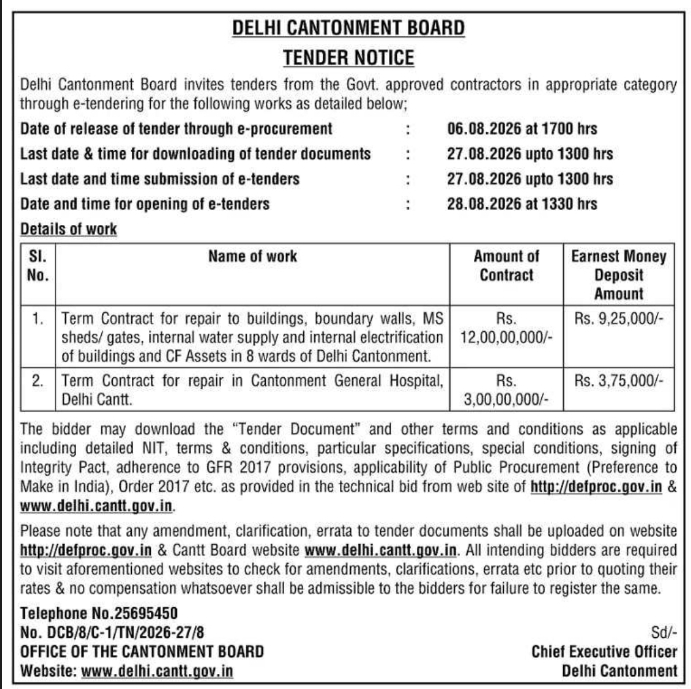 Delhi Cantonment Board Infrastructure and Hospital Repair E-Tender