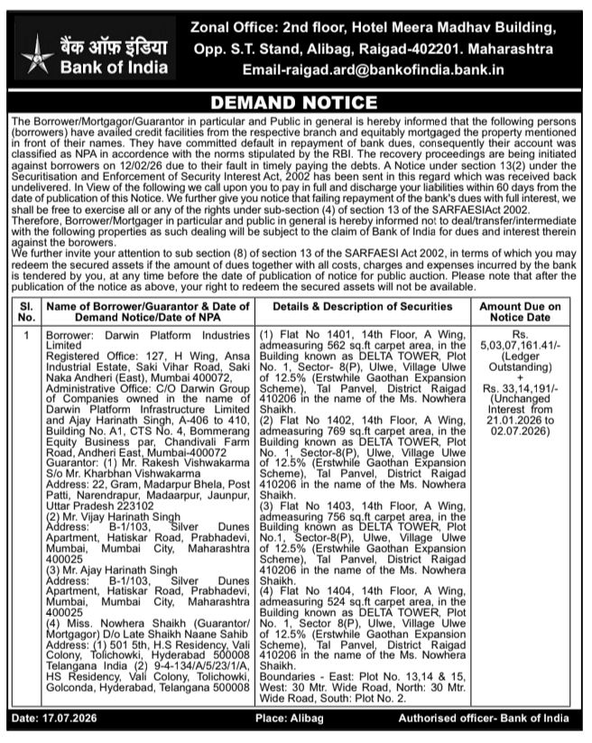 Demand Notice: Bank Property Sale & Debt Recovery