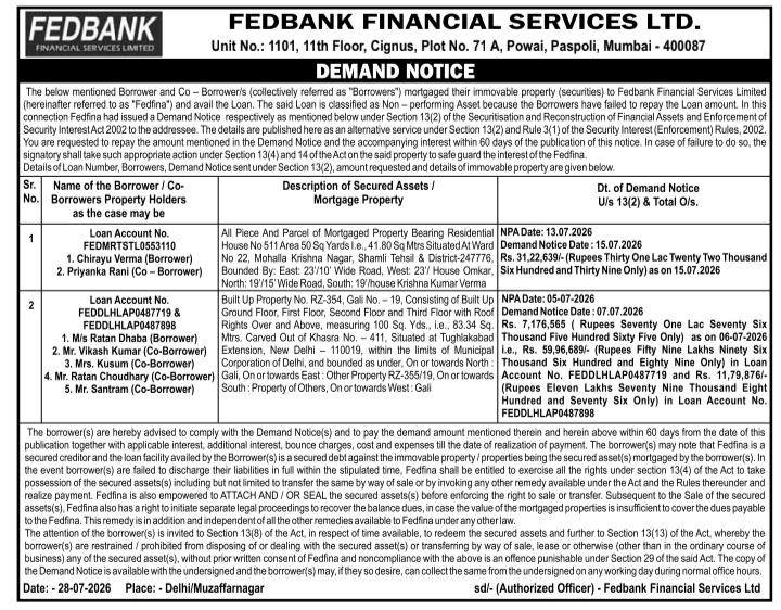 Demand Notice by Fedbank Financial Services