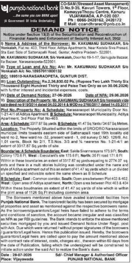 Demand Notice by Punjab National Bank