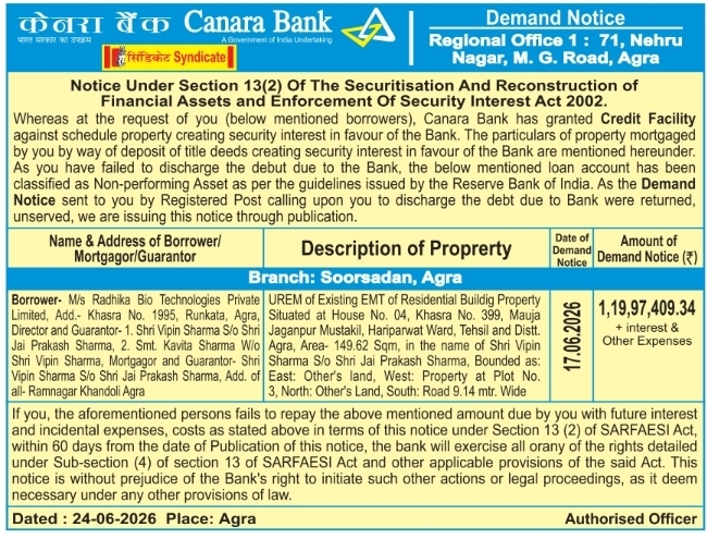 Demand Notice: Canara Bank SARFAESI Notice to M/s Radhika Bio Technologies Private Limited