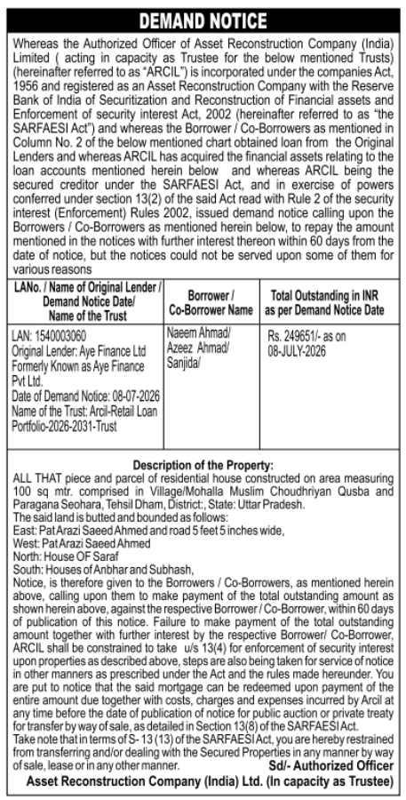 Demand Notice: Debt Recovery Foreclosure by ARCIL