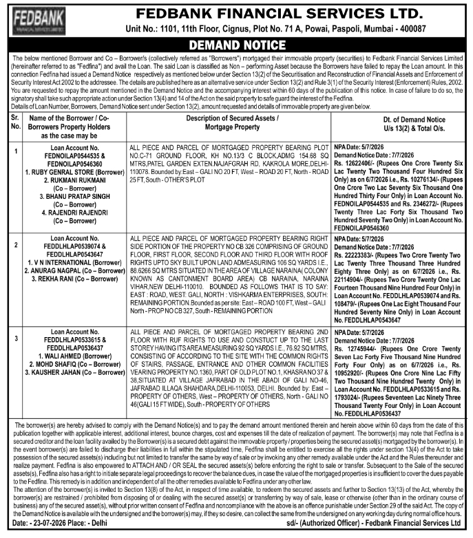 Demand Notice: Fedbank Financial Services Loan Default Recovery