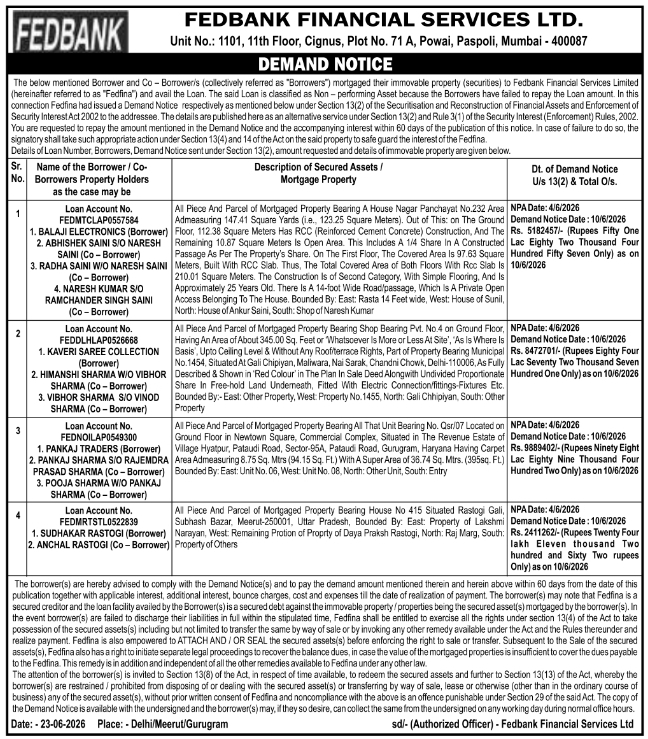 Demand Notice: Fedbank Financial Services Ltd