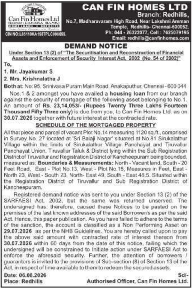 Demand Notice for Housing Loan Default under SARFAESI Act by Can Fin Homes Ltd
