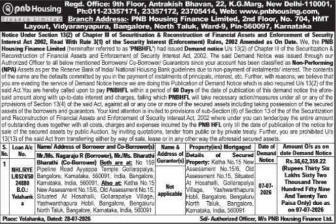 Demand Notice for Immovable Property by PNB Housing Finance