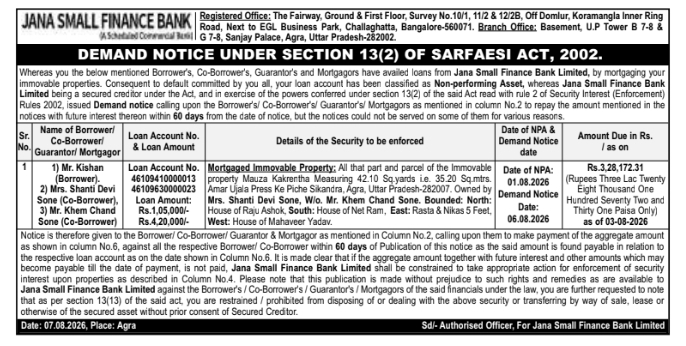 Demand Notice for Immovable Property in Agra by Jana Small Finance Bank