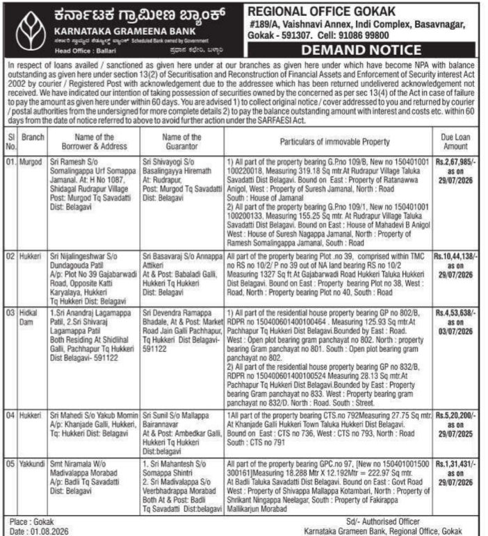 Demand Notice for Karnataka Grameena Bank Non-Performing Assets