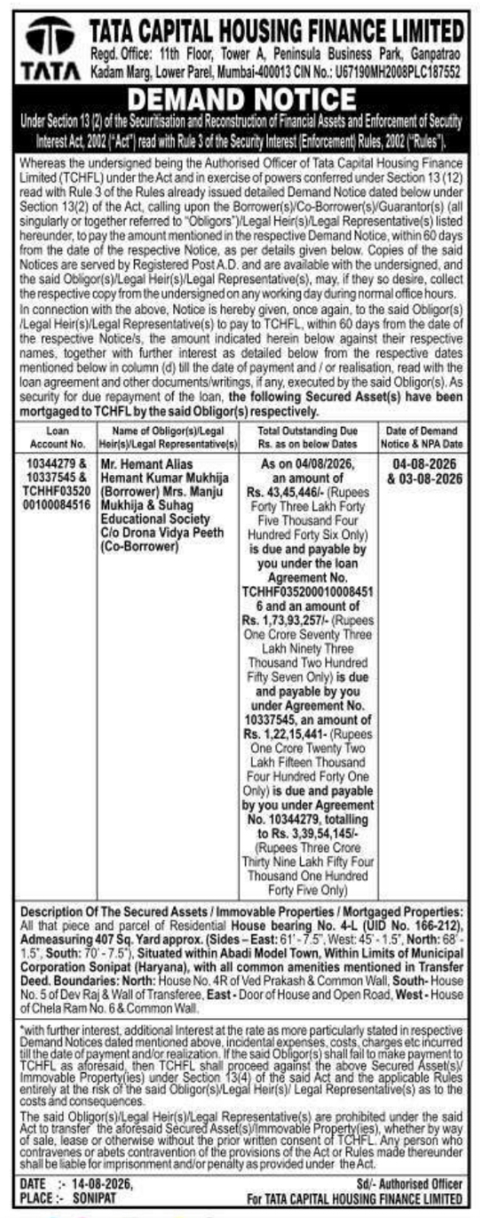 Demand Notice for Loan Default Realization by Tata Capital Housing Finance Sonipat