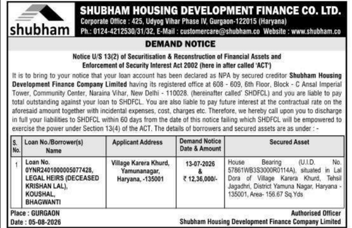 Demand Notice for NPA Loan Account Discharges