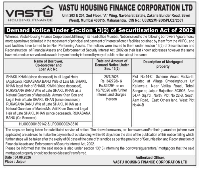 Demand Notice for Residential Plot in Jaipur
