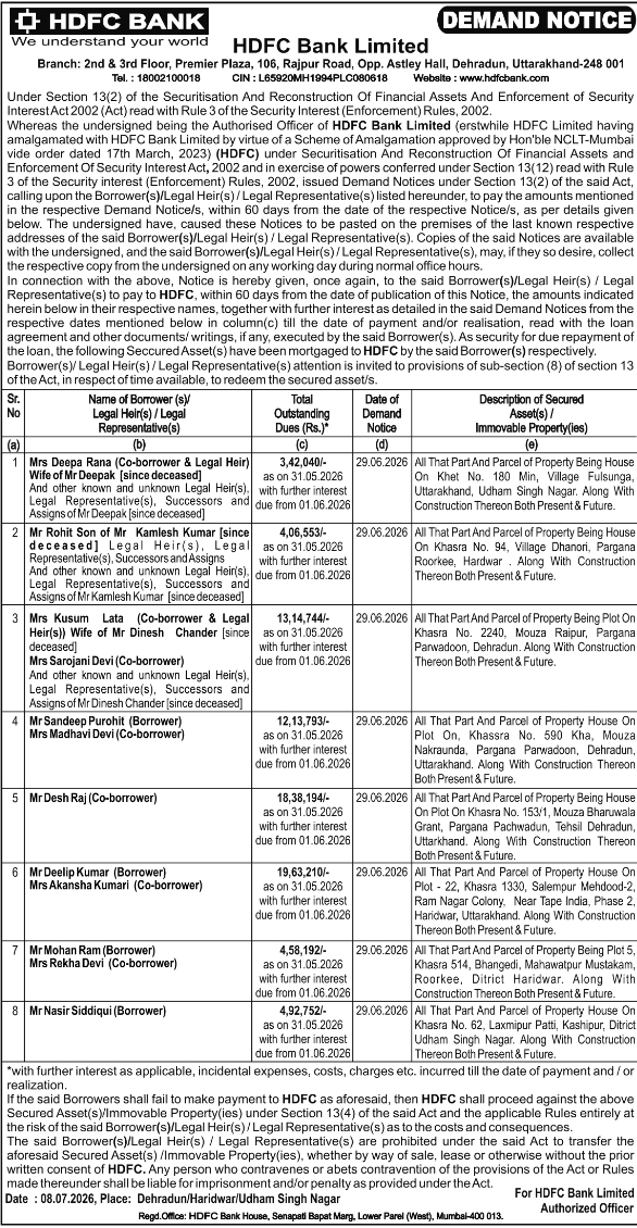 Demand Notice: HDFC Bank Property Legal Action