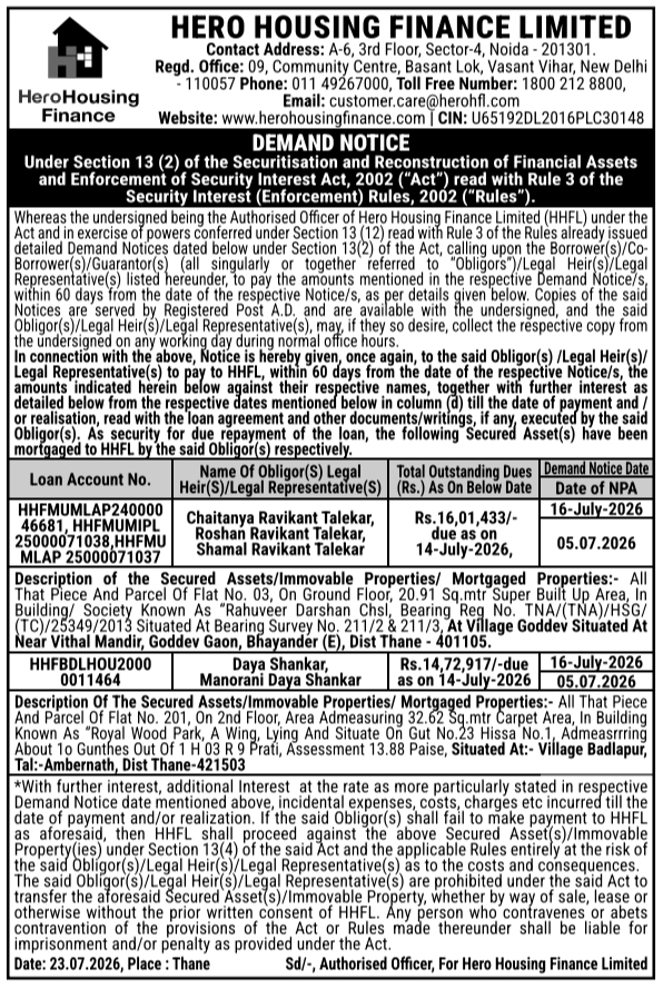 Demand Notice: Hero Housing Finance Loan Recovery