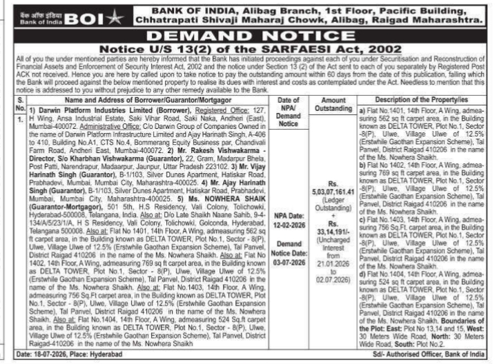 Demand Notice: Legal Recovery Proceedings Bank of India