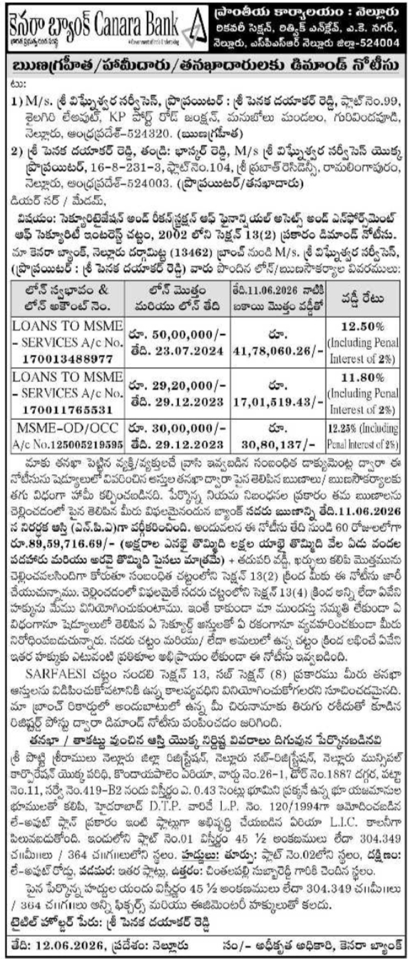 Demand Notice: Loan Default and Property Auction Warning by Canara Bank Nellore