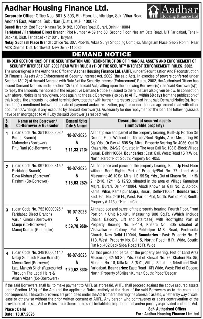 Demand Notice: Loan Default Recovery Work Aadhar Housing Finance Limited, Delhi/NCR