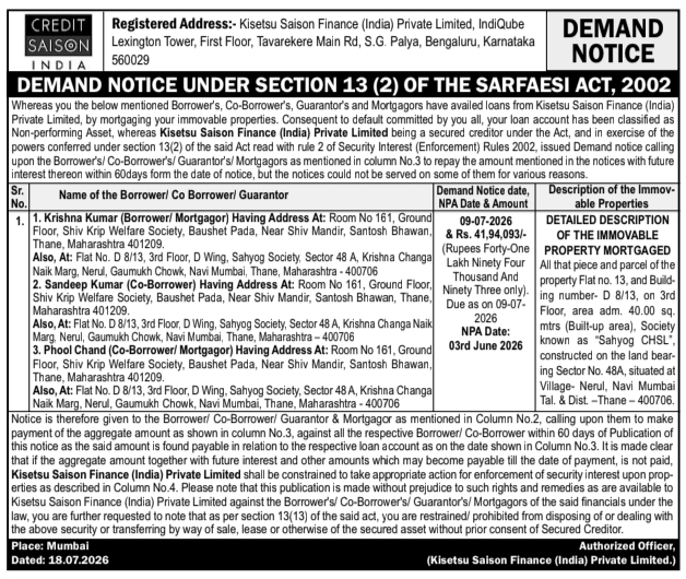 Demand Notice: Loan Default Recovery Work Kisetsu Saison Finance, Thane