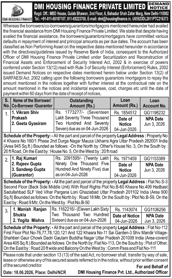 Demand Notice: Loan Default Warnings by DMI Housing Finance Delhi/NCR