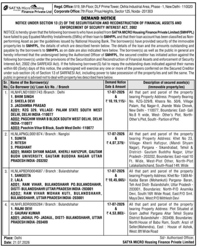 Demand Notice: Mortgaged Property Foreclosure by Satya Micro Housing Finance