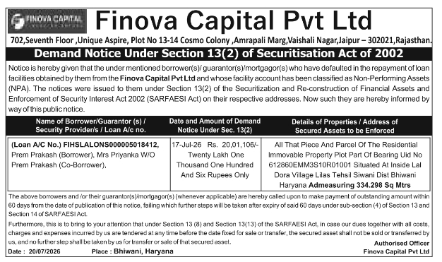 Demand Notice: Non-Performing Asset Account Recovery by Finova Capital
