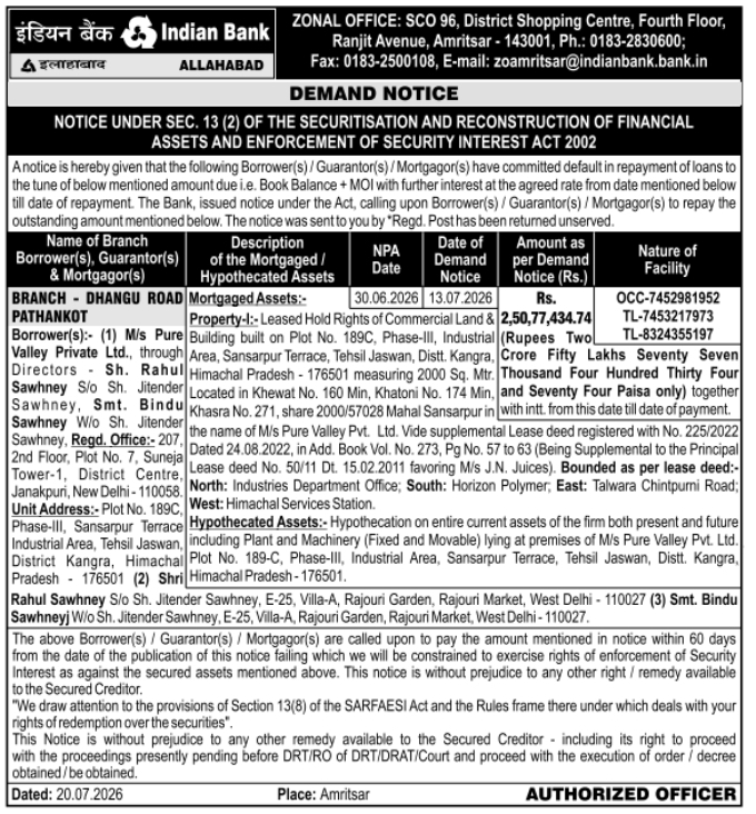 Demand Notice: Non-Performing Asset Account Recovery by Indian Bank