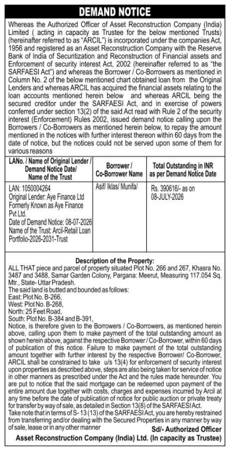 Demand Notice: Non-Performing Asset Recovery by ARCIL