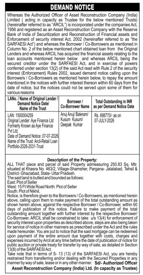 Demand Notice: Non-Performing Asset Recovery by ARCIL