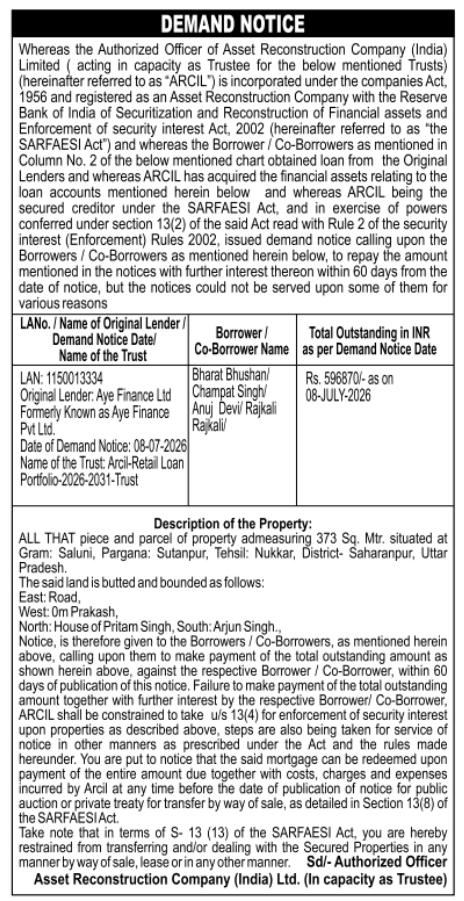 Demand Notice: Non-Performing Asset Recovery by ARCIL