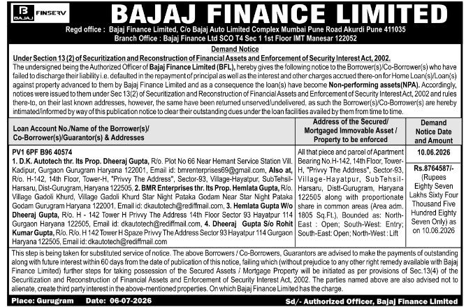 Demand Notice: NPA Loan Recovery by Bajaj Finance Limited